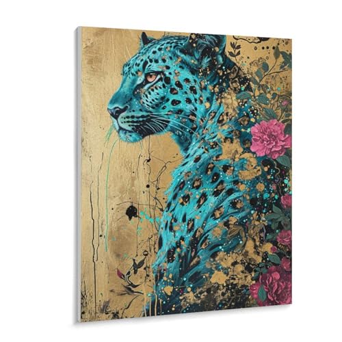 数字油絵 ラッセン ヒョウと咲く花 デジタル油絵 数字キットによる絵画 DIY絵 手塗り 動物イラストアート 数字キット塗り絵 壁飾り ホーム オフィス装飾 数字塗り絵 手工芸 初心者 大人 子供 贈り物 40×50cm