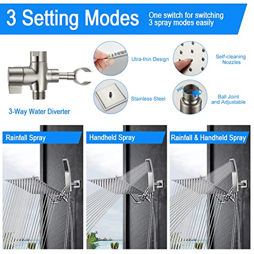 Psylc 12 Inch All Metal Rain Shower Head With Handheld, High Pressure Dual Shower Head Combo With Adjustable Extension Arm, 80" Flexible Hose, 3-Way Diverter - Height/Angle Adjustable(Brushed Nickel) #TOP4