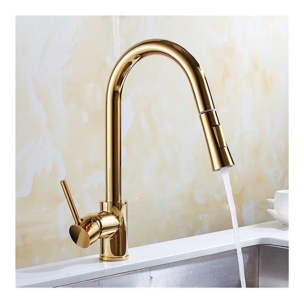 Blyqxs Gold Kitchen Faucets Chrome Pull Out Kitchen Tap Single Hole Handle Swivel 360 Degree Water Mixer Tap Single Handle Xt-162(Gold)