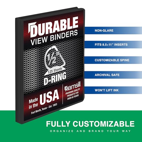Image of Samsill Durable 0.5 Inch Binder, D Ring Binder, Customizable Clear View Cover, Charcoal Black, Holds 125 Pages