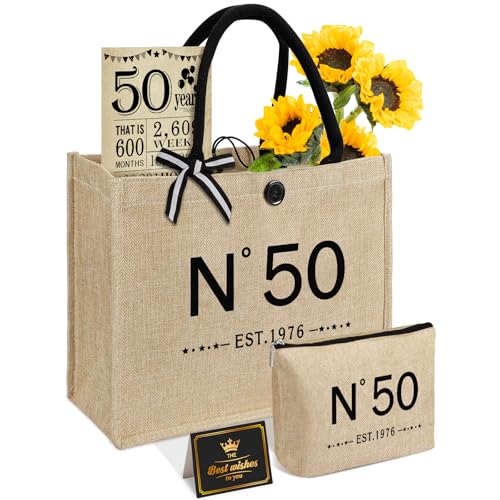 50. Geburtstag Geschenke für Frauen Jute Tote Tasche, Vintage N ° 50 Burlap Handtasche mit Kosmetiktasche und Poster, einzigartige 50 Jahre alte Geschenke für Mutter Freunde Frau Schwester Sie