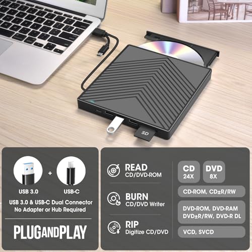Image of ROOFULL Ultra Slim External CD /DVD Drive USB 3.0 & USB-C with 4 USB Port Hub and 2 SD /TF Card Slot, 8-in-1 CD DVD Burner Reader Writer Optical Disk Drive for Windows 11 /10 Laptop PC Mac MacBook Linux