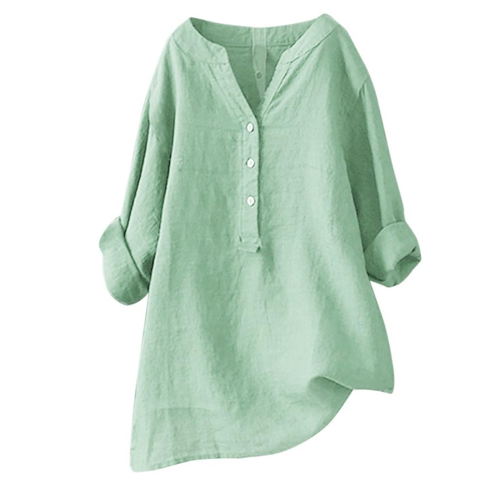 Women Oversized Shirts V Neck Button Down Summer Blouse Roll-Up Sleeve Tops Tunic Trendy Boho Ladies Clothes 2025(Green 2,5X-Large)