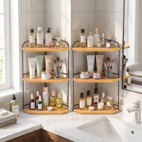 Image of 2 Pack Corner Bathroom Counter Organizer, 3-Tier Wood Countertop Organizer | Skincare Organizers for Vanity, Makeup Storage, Counter Corner Shelf for Kitchen, Bathroom, Dresser, Natural