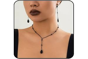 QLYOVWE Goth Red Teardrop Necklace Earrings Sets for Women Retro Black Rhinestone...