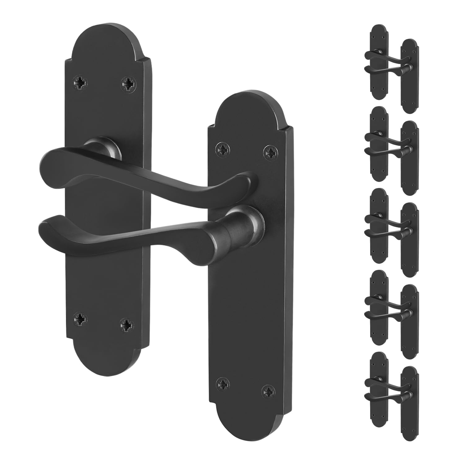EAI Black Door Handles, 6 Pairs of Internal Matt Black Victorian Scroll Shaped Backplate Handles