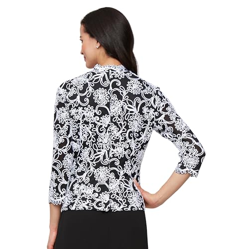 Image of Alex Evenings Women's Stretch Embroidered Formal Event Blouse With Center Front Scallop Detail and Illusion Sleeves