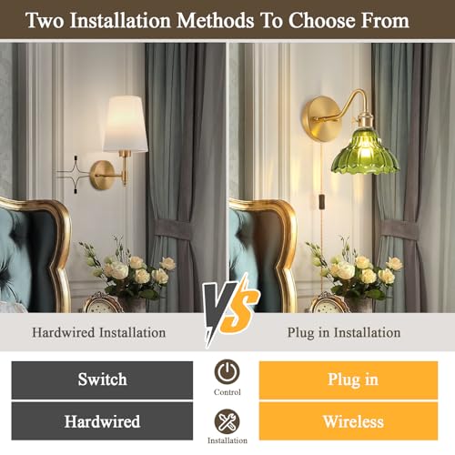 Image of Plug-in Wall Sconce (Set of 2), Vintage Wall Decorative Lamp with Green Glass Shade, Indoor Brass Plug-in Wall Sconce for Bedroom, Living Room, Bathroom, Hallway