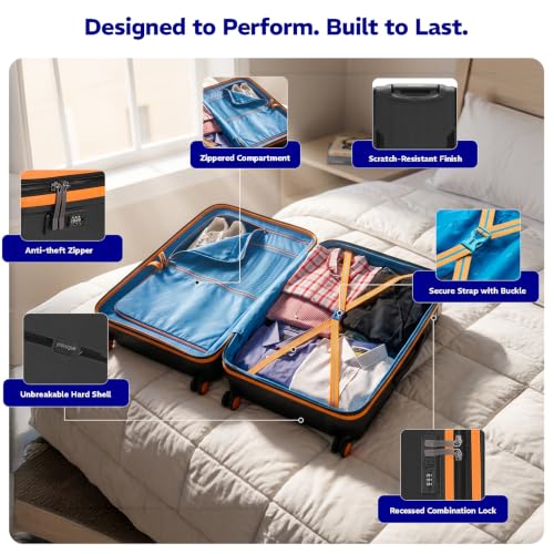 Image of Provogue Lumina Hard-Sided PP 65 Cm Trolley Bags for Travel Medium Size | Expandable Luggage Suitcase with 8 Wheels | Combination Lock | 5 Year Warranty (Midnight Black /Fire Orange)