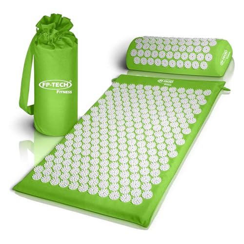 FP-TECH Fitness Tappetino per Agopressione con Cuscino Ergonomico – Set Massaggio Antistress per Schiena e Collo – Cotone Naturale, con Borsa da Trasporto – Relax e Sollievo Dolori (Verde)