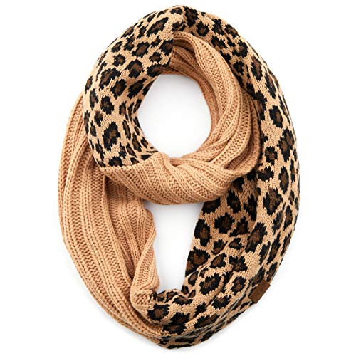C.C Exclusives Solid Color Ribbed Infinity Scarf with Leopard Pattern Cuff (SF-80) (Camel)
