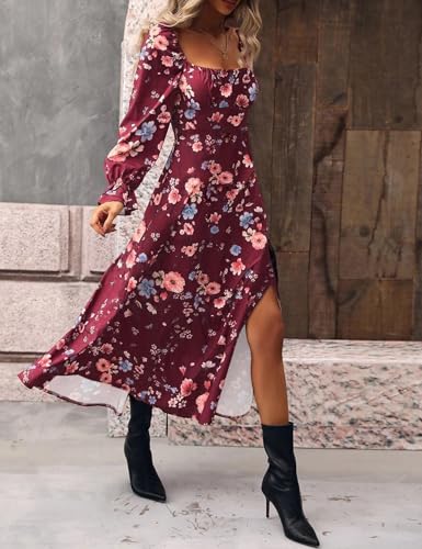 Relipop Women's Floral Puff Long Sleeve Maxi Dress Casual Square Neck Flowy Boho Split A Line Dresses4
