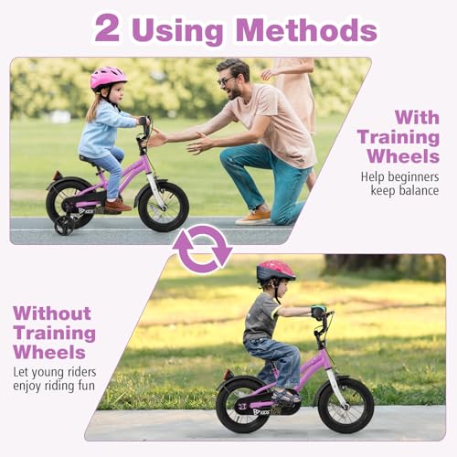 Image of BABY JOY Kids Bike, 12 14 16 18 Inches Sporty Bicycle with Training Wheels, Adjustable Seat, Handbrake & Coaster Brake, Reflectors, Girls Boys Bike for 3-8 Years Old Children
