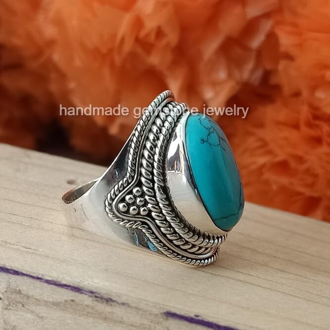 Turquoise Oval Stone Ring - Boho Vintage Cabochon Statement Ring, Perfect for Promise, Meditation, or a Thoughtful Valentine's Gift