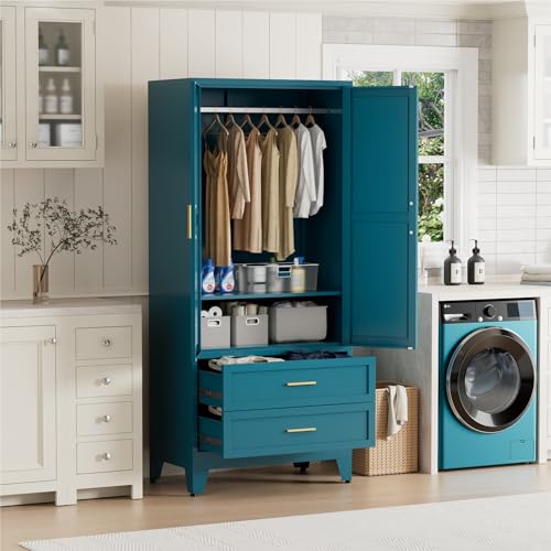 Image of Blue Metal Wardrobe Closet, Armoire Wardrobe with Two Drawers Clothes Cabinet for Bedroom, 71 inch Tall Farmhouse Steel Armoire Closet with Drawers and 2 Doors Clothing Storage Cabinet with Hanging Rod