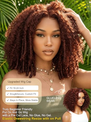 Image of Sunber Reddish Brown Afro Kinky Curly Human Hair Wig Pre Everyting 16inch | 7X5 HD Wigs With Drawstring Bye Bye Knots Pre Cut Lace 200% Density Put On Go Pre Plucked Pre Bleached Invisible Knots 16Inch