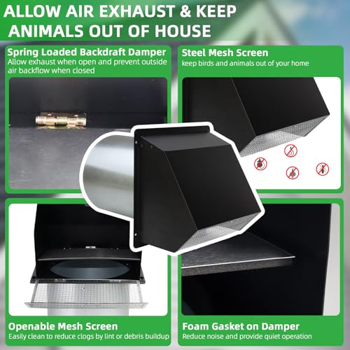 Image of 3 Inch Dryer Vent Cover Wall Vent Hood with Screen and Damper,Outdoor Dryer Vent Cover Outside Exhaust Vent Cover for Duct Bathroom Air Ventilation,Wall Mount Extractor Vent Cap,Galvanized Steel,Black