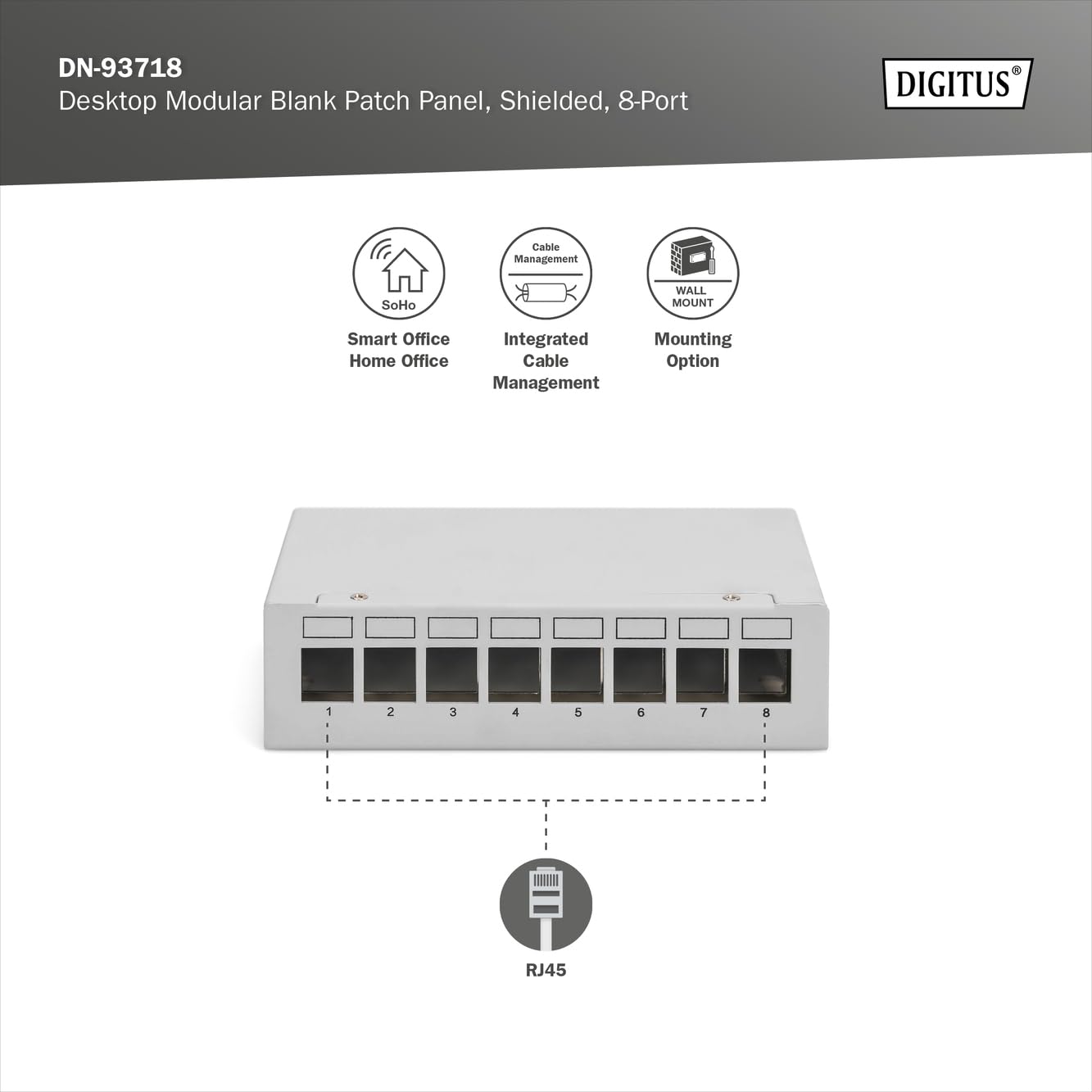 DIGITUS Patch panel modułowy - 8-portowy - ekranowany - do montażu na biurku lub na ścianie - zintegrowane zarządzanie kablami - panel dystrybucyjny modułu Keystone - jasnoszary