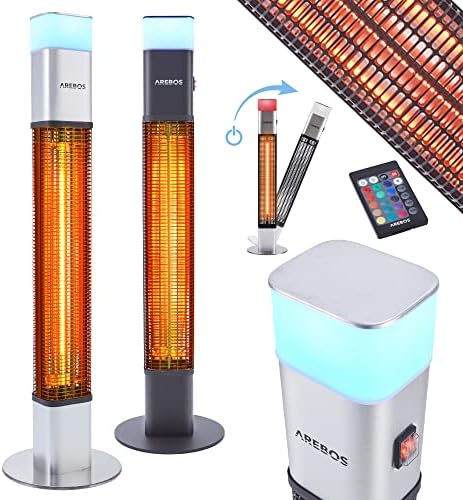 Arebos 1500 Watt Stand Heizstrahler Silber | inkl.16 Farben LED-Licht | Fernbedienung | Kohlenstoff Infrarotstrahler für Außenbereich | Terrassenstrahler