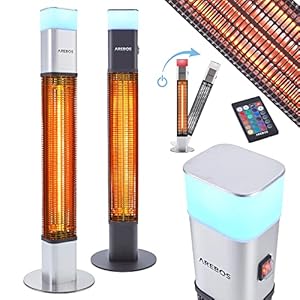 Arebos 1500 Watt Stand Heizstrahler Silber | inkl.16 Farben LED-Licht mit Fernbedienung | Kohlenstoff Infrarotstrahler für Außenbereich | Terrassenstrahler
