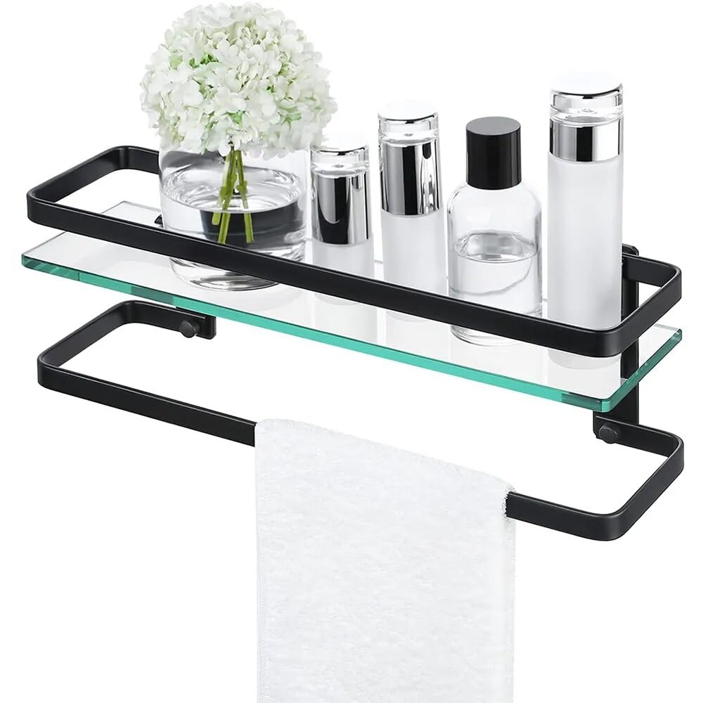 GTFDXJ Shower Caddy Bathroom Glass Shelf with Aluminum Towel Bar 8 MM-Thick Tempered Glass Retangular Storage Organizer Bathroom