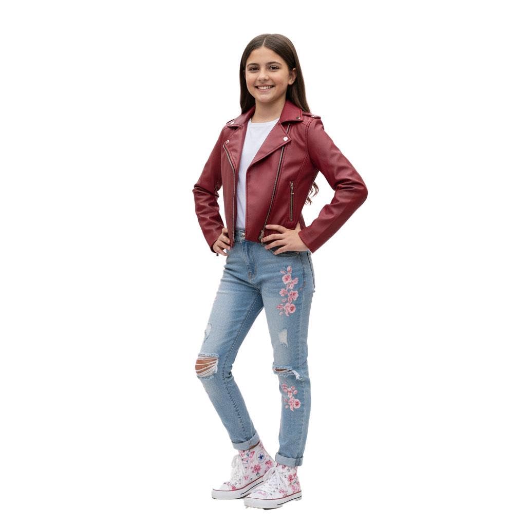 A2z 4 Kids Girls Wine Pu Leather Jacket Thick Collar Biker Zipper Coat - Pu Leather Jacket 460 5-6.