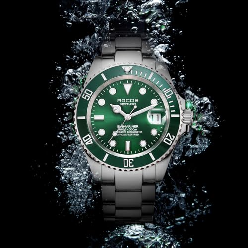 Image of ROCOSJEWE Men Analogue Silver Band Automatic Mechanical Watch Black /Green Dial Ceramic Bezel Waterproof Wristwatch Luminous Calendar Display Stainless Steel Adjustable Strap Gifts R0158Green
