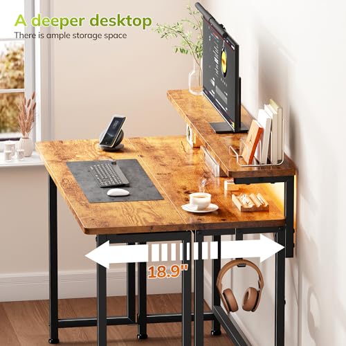 Image of Folding Table with RGB Light for Small Space, 31.5 inch Folding Computer Desk for Space Saving Sofa Table for Couch, Home Work Office Desk with Monitor Stand, Easy to Fold with Hooks,Rustic Brown