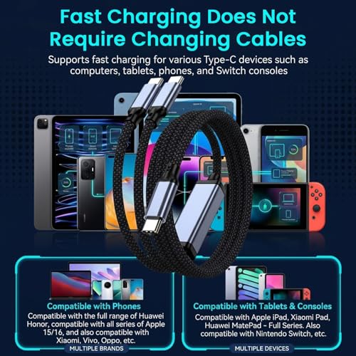 Image of Verilux 2 in 1 Type C to Dual C Cable 1.2M, PD 100W C Type Charger Cable with 480Mbps Data Transfer, Nylon Braided USB C for iPhone 17 /16 /15, Galaxy S26 /S25 /S24 /S23, Laptops, iPad, Switch, Blue-gray