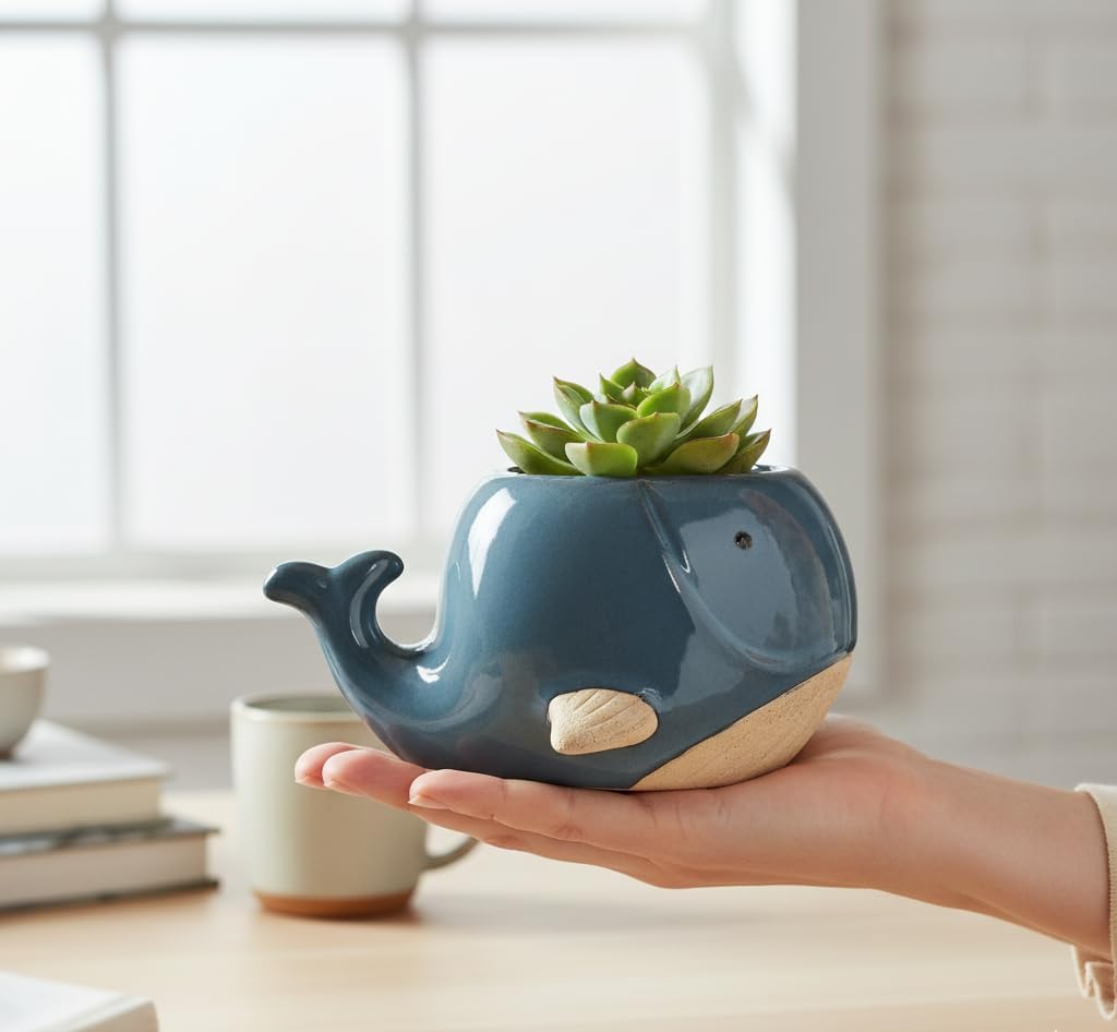 Abbott Collection Stoneware Whale Planter - Large (3" H)
