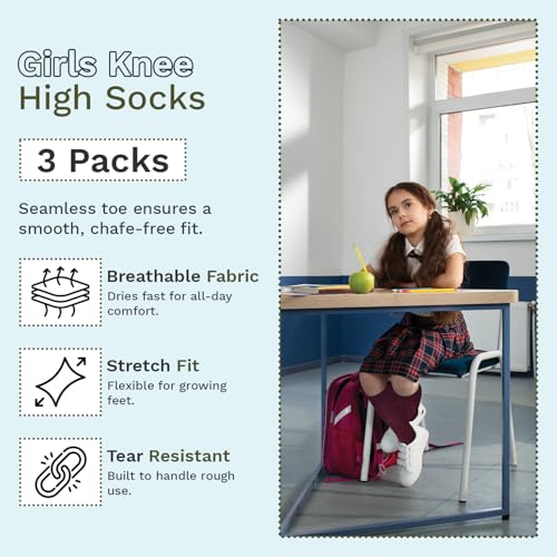 3 Pairs Girls Combed Cotton Knee High Socks - School Uniform Sock Long Socks for Girls, Teens and Women - Seamless Dress Sock2