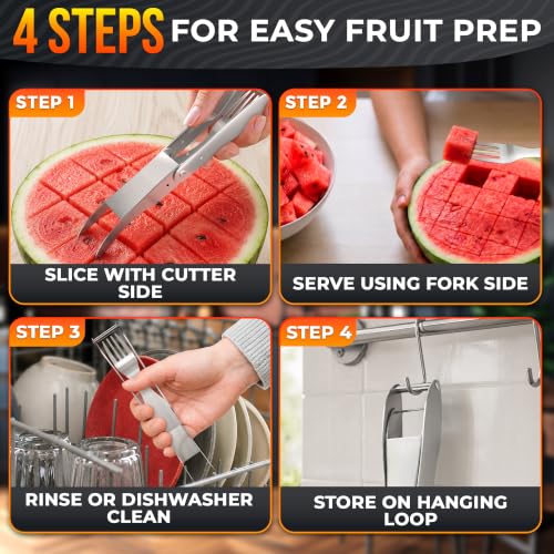 Image of 2-in-1 Watermelon Cutter Slicer Tool, Watermelon Fork, 304 Steel | Fruit Cutter Tool that Cube Mango, Cantaloupe & Dragon Fruit for Parties, Picnics & Summer Salads by Dual-Sided Blades