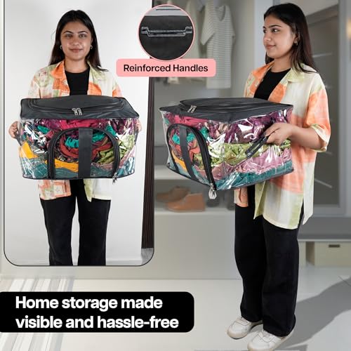 Image of Storite 4 Pack Nylon 33 L PVC Transparent Moisture Proof Storage box for Clothes Closet Wardrobe Organizer for Clothes Saree Bags with Carry Handle (44L x 31W x 24H cm) (Black)