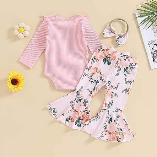 Baby Girl Fall Clothes Solid Ribbed Long Sleeve Romper and Flower Flare Pants Bow Headband 3pcs Infant Outfit4
