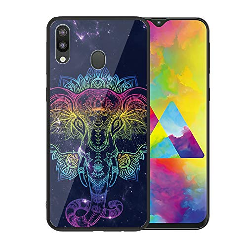 Urhause Tempered Glass Cover Compatible with Samsung Galaxy M20 Case Glossy Mirror Case Ultra Thin Starry Sky Hard Cover Elephant Tempered Glass + Soft Silicone Skin Cover Bumper Anti-Scratch Cover