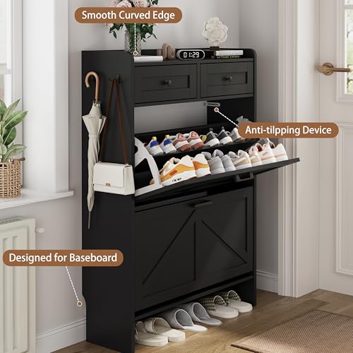 Image of Shoe Cabinet with 2 Flip Drawers & 2 Top Drawers, 43 inch Tall Freestanding Narrow Wooden Shoe Storage Organizer for Entryway, Hidden Slim Shoe Rack for Front Door Entrance, Hallway, Living Room, Black