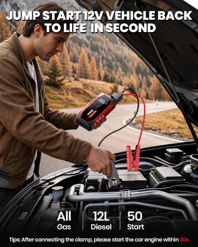 Image of Jump Starter 7000A Car Jump Starter Battery Pack | 12V Battery Jumper Starter Portable with LED Light, Compass, Power Bank, Gloves and Jumper Cable for All Gas and 12.0L Diesel