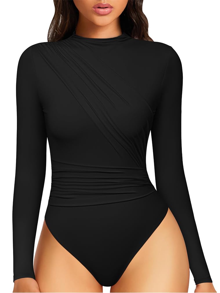 XXTAXN Women's Mock Turtle Neck Long Sleeve Double Lined Dressy Casual Bodysuit Tops Black