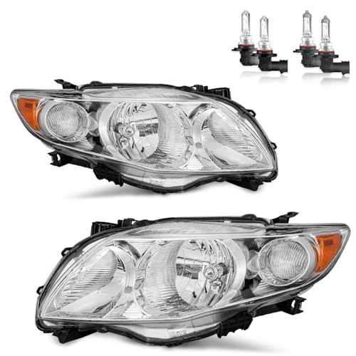 ROADEAL Headlights Assembly for 2009-2010 Toyota Corolla Halogen Headlamp Replacement Chrome Housing Amber Reflector Passenger and Driver Side