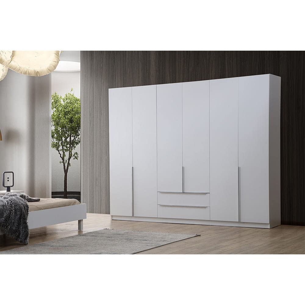 Brooklyn 6-Door Wardrobe | Extra Sturdy Closet, Clothes Storage Cupboard | Modern Design Space Saving Cabinet For Bedroom L 269.7 X W 49.5 X H 216 Cm - White