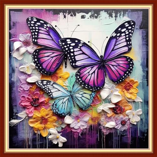 Image of Foxdiviy Stamped Cross Stitch Kits Full Range of Embroidery Needlework Starter Kits for Beginners Adults 11CT Embroidery Patterns Art Crafts DIY Needlepoint Kits-Rainbow Butterfly 18x18 inch