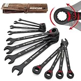 ironcube Reversible Ratcheting Wrench Set: 12-Piece Metric 8-19mm - Tough Black - Wax Canvas Storage Bag - Automotive and Motorcycle Repair Tools