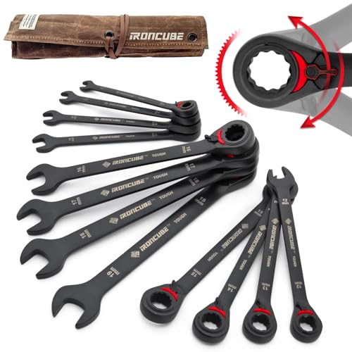 ironcube Reversible Ratcheting Wrench Set: 12-Piece Metric 8-19mm - Tough Black - Wax Canvas Storage Bag - Automotive and Motorcycle Repair Tools