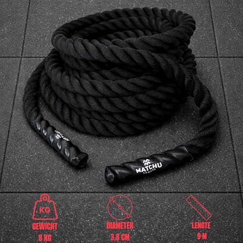 MATCHU - Battle rope - Fitnesstouw - 9M X 38 MM - Gewoven polyester - 8 KG - Zwart - Afbeelding 3
