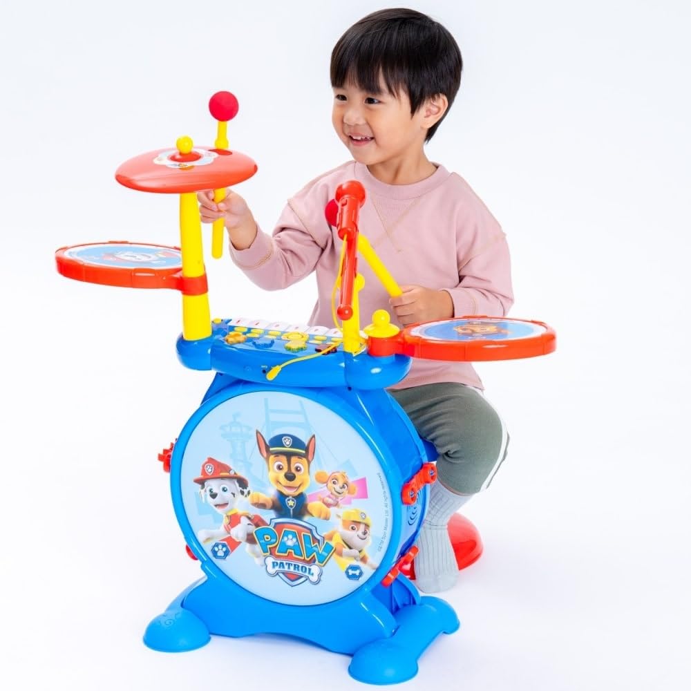 Lexibook K610PA Paw Patrol Chase Elektroniczny Zestaw dla Dzieci, Muzyczna Zabawka, Realistyczny Dźwięk Perkusji, 8-Klawiszowa Klawiatura, Wtyczka Mp3, Siedzisko w Zestawie, Niebieski, Czerwony