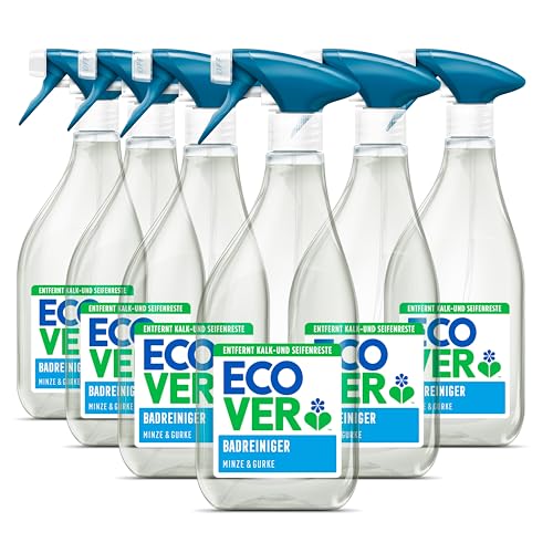Ecover Badreiniger Spray, entfernt Seifenreste und Kalk, für Badoberflächen, Minz- und Gurkenduft, 6 x 500 ml