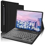Samsung Galaxy Tab S8 Plus/S7 FE/S7+ Keyboard Case 12.4', 7-Color Backlit & S Pen Holder, Detachable Bluetooth Keyboard with Protective Folio Case for Tablet S7FE/S8 Plus/S7+, Black（Tab Not Included）