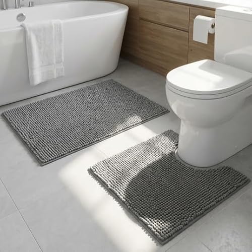Cupic Cupid Chenille Bathroom Rugs Sets 2 Piece, Bathroom Rugs Non Slip Washable, Extra Thick Soft Absorbent Bath Mats, Quick Dry Shaggy Rugs for Tub, Shower, Toilet, Grey 16"x24" + 20"x24" U-Shape