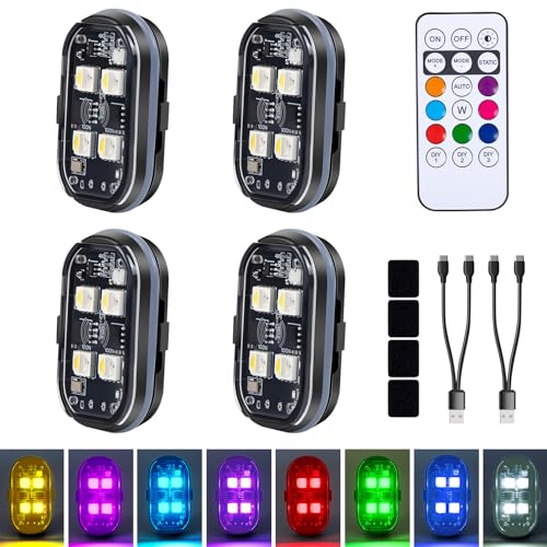 Upgraded 4LEDs 4PCS Wireless LED Strobe Lights with Remote Control, 8 Colors Type-C Rechargeable Led Lights Anti Collision Warning Light for Car Motorcycle Bike Drone Aircraft
