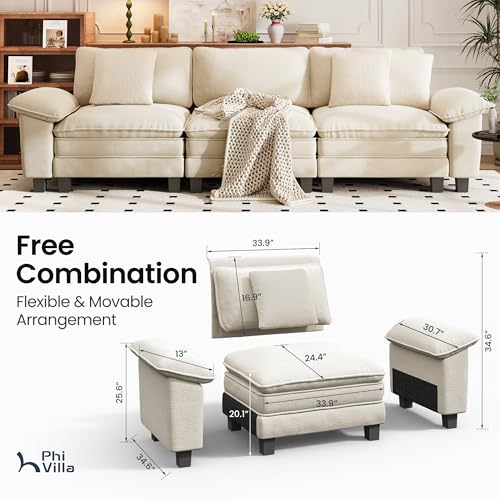 Image of PHI VILLA Modern Modular Couches Sets, 123.6 inch Cloud Sectional Sofa with Upholstered Deep Seat, 3-Seater Couch for Living Room Small Spaces, Chenille Fabric, Beige